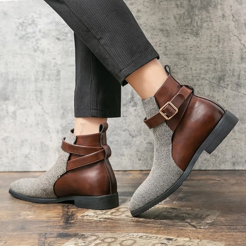 Shoes Men's British Cloth Stitching Leather Boots High-top Comfortable Round-toe Oxford Shoes for Travel Driving Shopping Men Versatile Casual Shoes