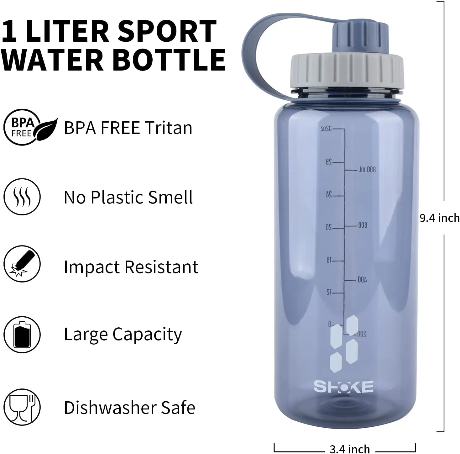 SHOKE 1 Liter Water Bottle, 32oz BPA Free Non-Toxic Tritan Wide Mouth Leakproof Large Sports Water Bottles with Handle, Gym Space Cup For Fitness Yoga Workouts Hiking with Sponge Bottle Brush