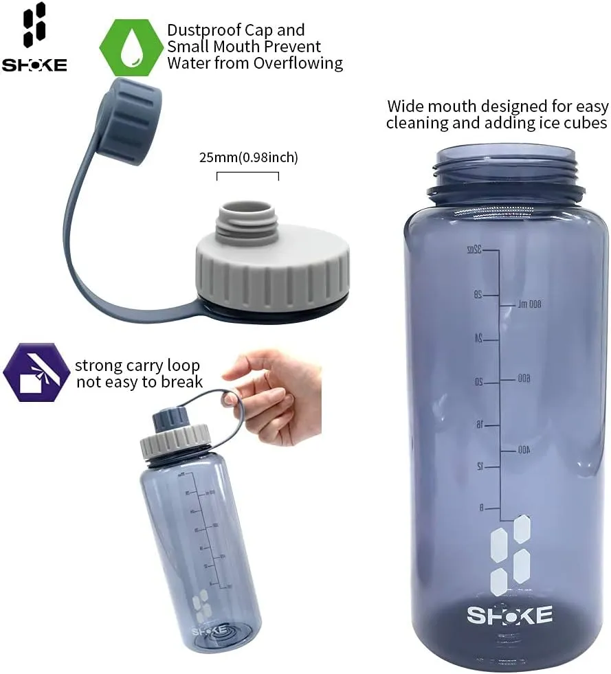 SHOKE 1 Liter Water Bottle, 32oz BPA Free Non-Toxic Tritan Wide Mouth Leakproof Large Sports Water Bottles with Handle, Gym Space Cup For Fitness Yoga Workouts Hiking with Sponge Bottle Brush
