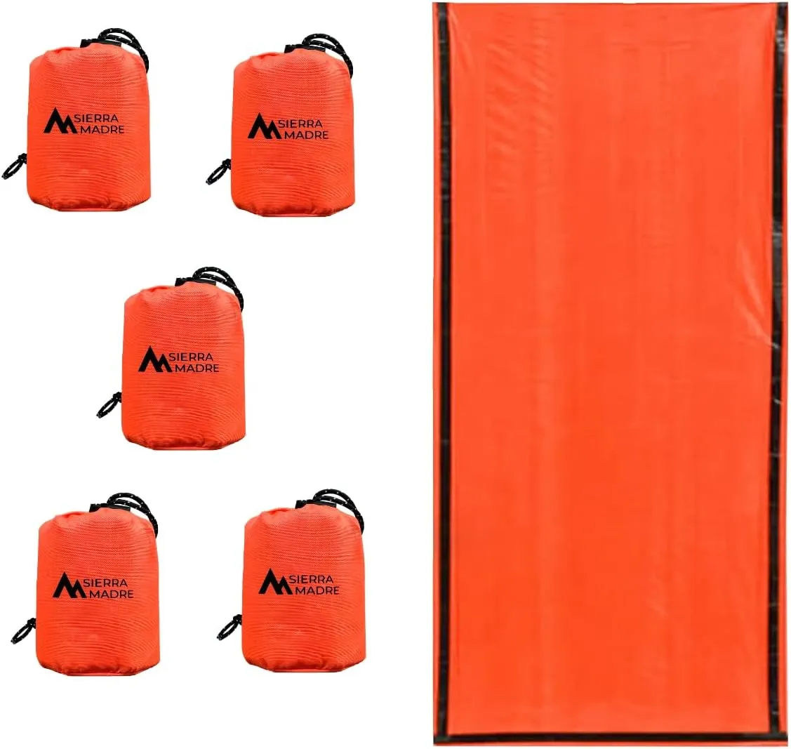 Sierra Madre Emergency Sleeping Bag – Ultralight, Waterproof Mylar Thermal Bivy Sack Tent for Hiking, Bug-Out Bags, Survival Kits – Emergency Survival Space Blanket for Heat Retention 5 Pack