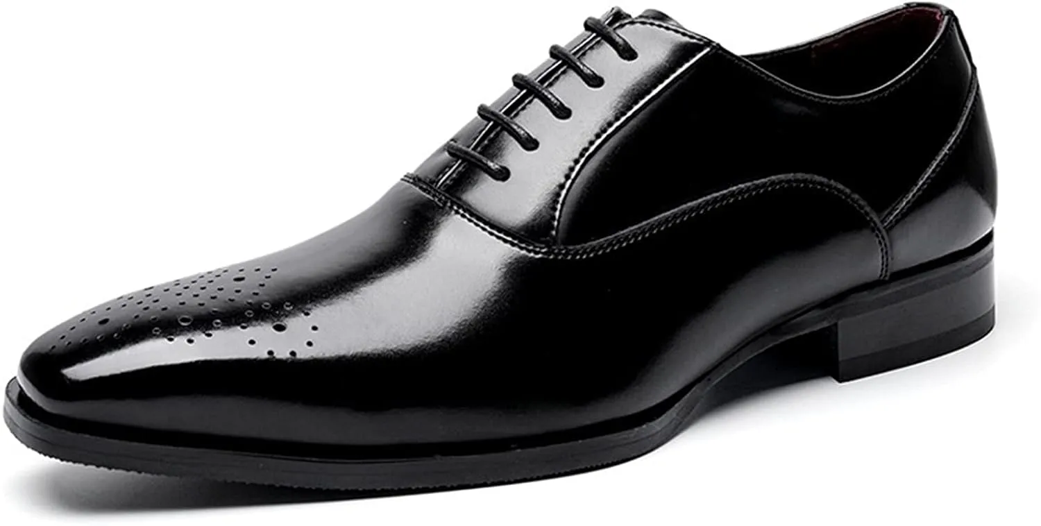 Single Season Dress Oxford Shoes for Men Lace Up Square Toe Brogue Embossed Cowhide Rubber Sole Anti-Slip Resistant Non Slip Business Very Popular Among Young People