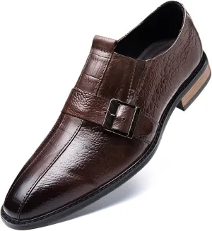 Single Season Oxford Dress Shoes for Men Slip On Monk Strap Crocodile Print Burnished Square Toe Leather Slip Resistant Block Heel Low Top Non Slip Walking Very Popular Among Young People Brown