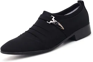 Single Season Oxford Shoes for Men Slip On Pointed Cap Toe Pleated Canvas Anti-Slip Rubber Sole Slip Resistant Block Heel Non Slip Working Very Popular Among Young People (Color : Black