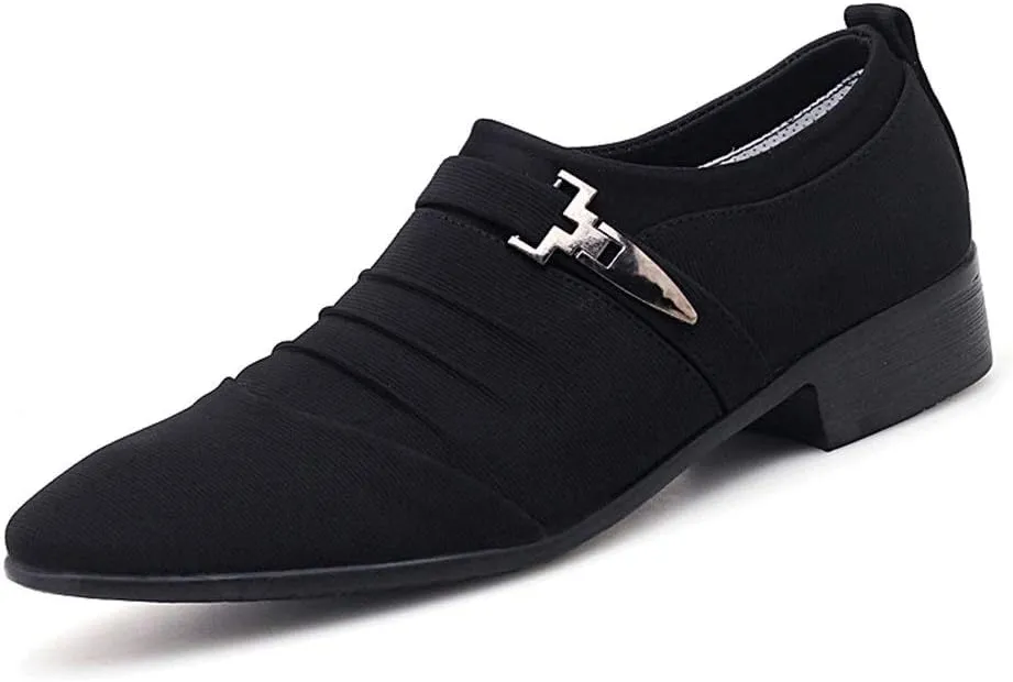 Single Season Oxford Shoes for Men Slip On Pointed Cap Toe Pleated Canvas Anti-Slip Rubber Sole Slip Resistant Block Heel Non Slip Working Very Popular Among Young People (Color : Black