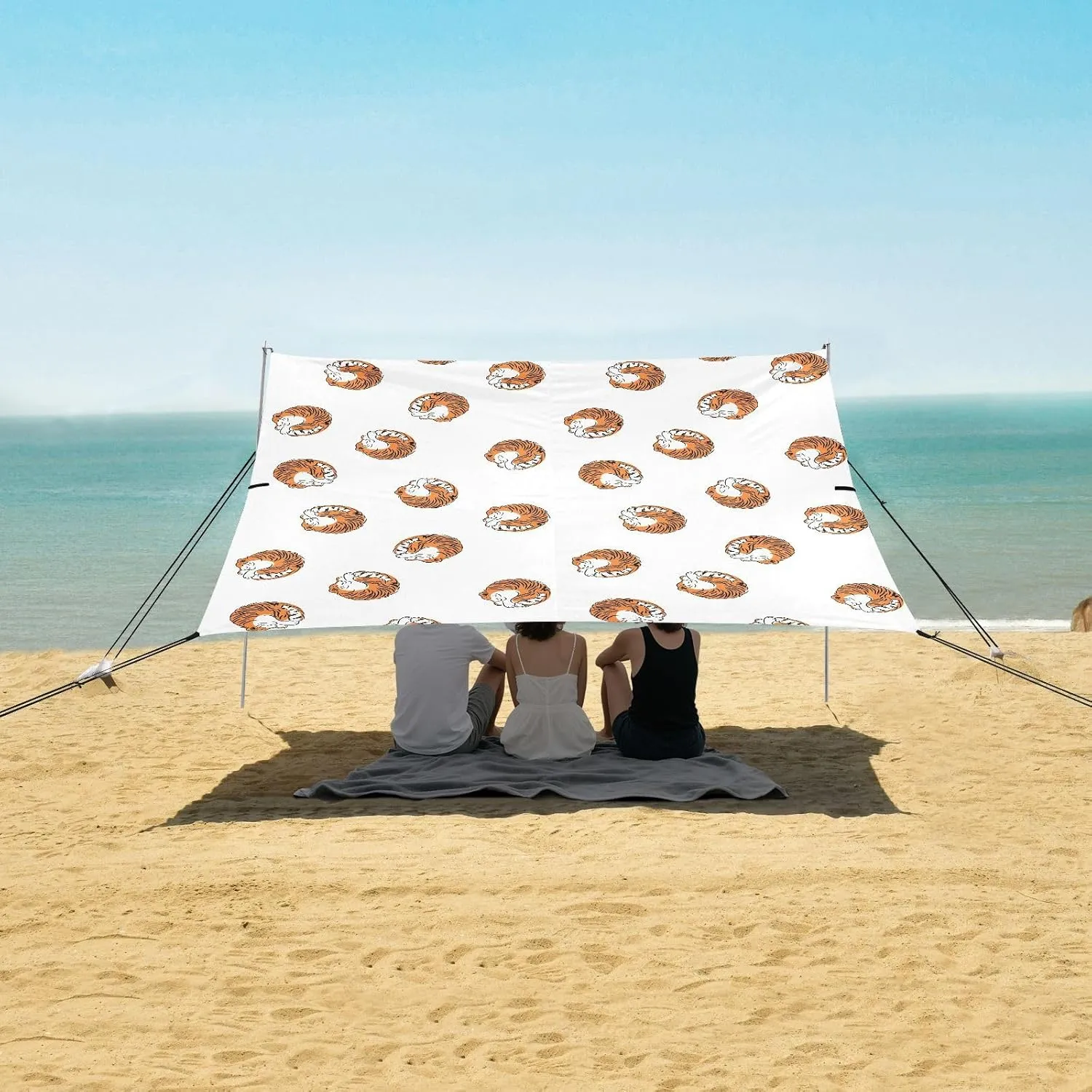 Sleeping Tigers Pattern Beach Canopy Tent Anti-UV & Wind Resistant, Camping Sun Shelter Easy Setup Portable,Outdoor Shade Tents with Sandbags,Sand Shovels,Ground Pegs & Stability Poles