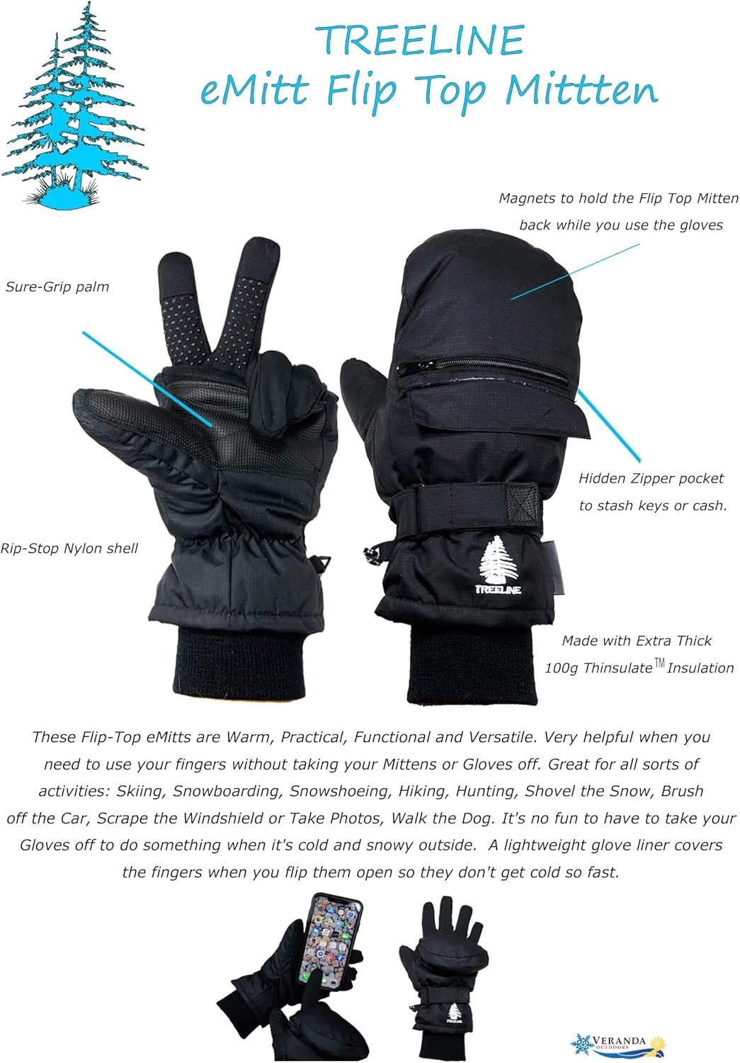 SnowStoppers eMitt - Extra Warm, Multi-purpose Flip-top Mitten/Glove from Treeline