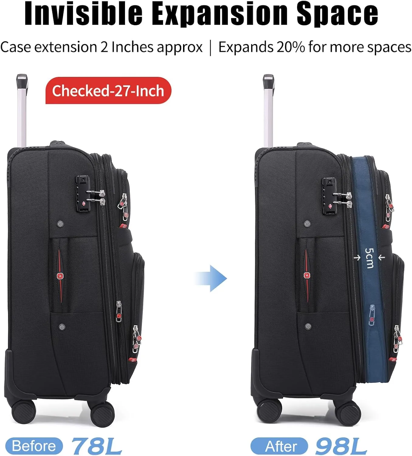 Softside Expandable Luggage with 4 Spinner Wheels, Durable Checked-Luggage Suicase (Black, 27-Inch)