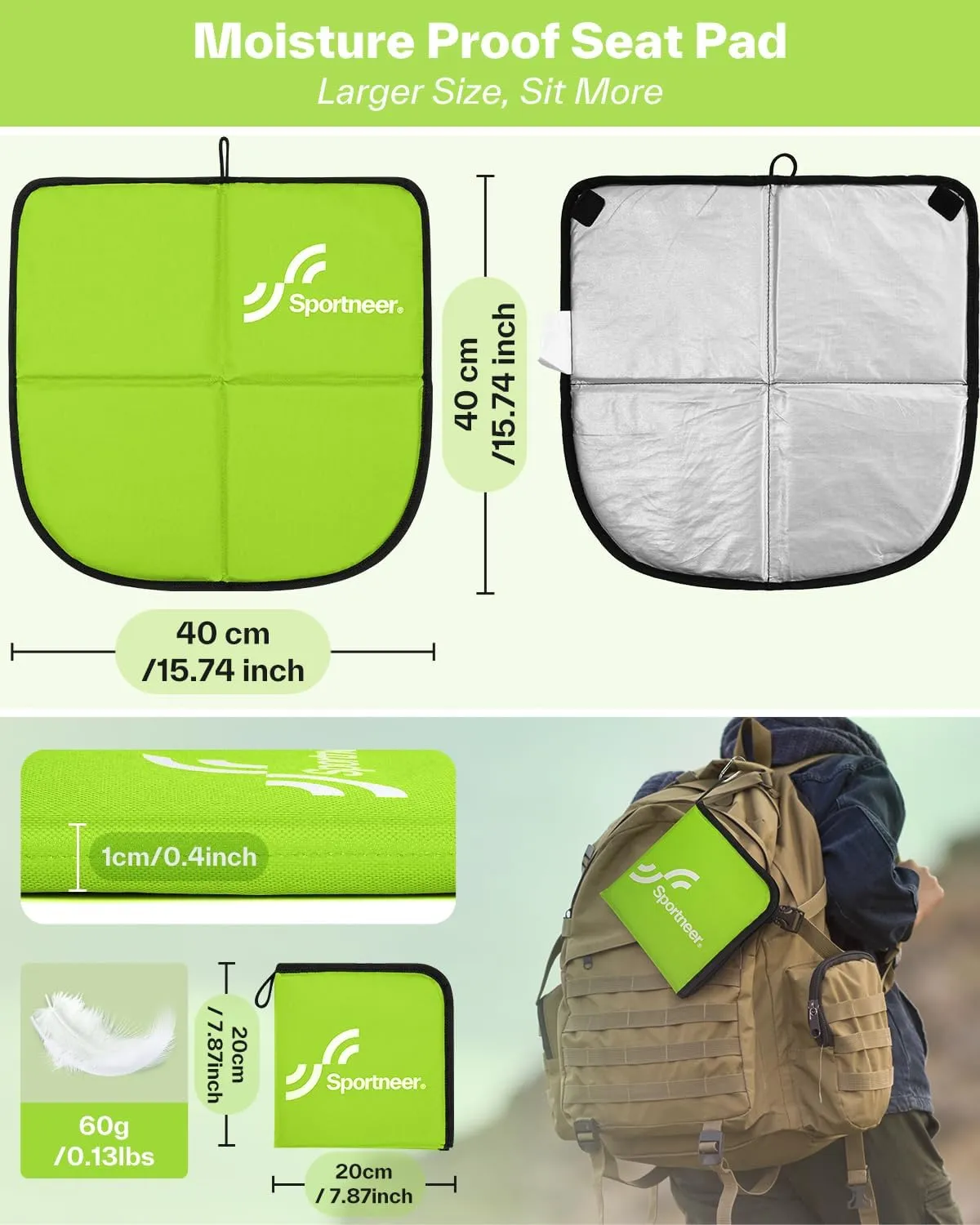 Sportneer Sitting Pad, Sit Pads for Backpacking Portable Camping Sit Pad Waterproof Folding Pad Stadium Seat Pad for for Camping Picnics Hiking