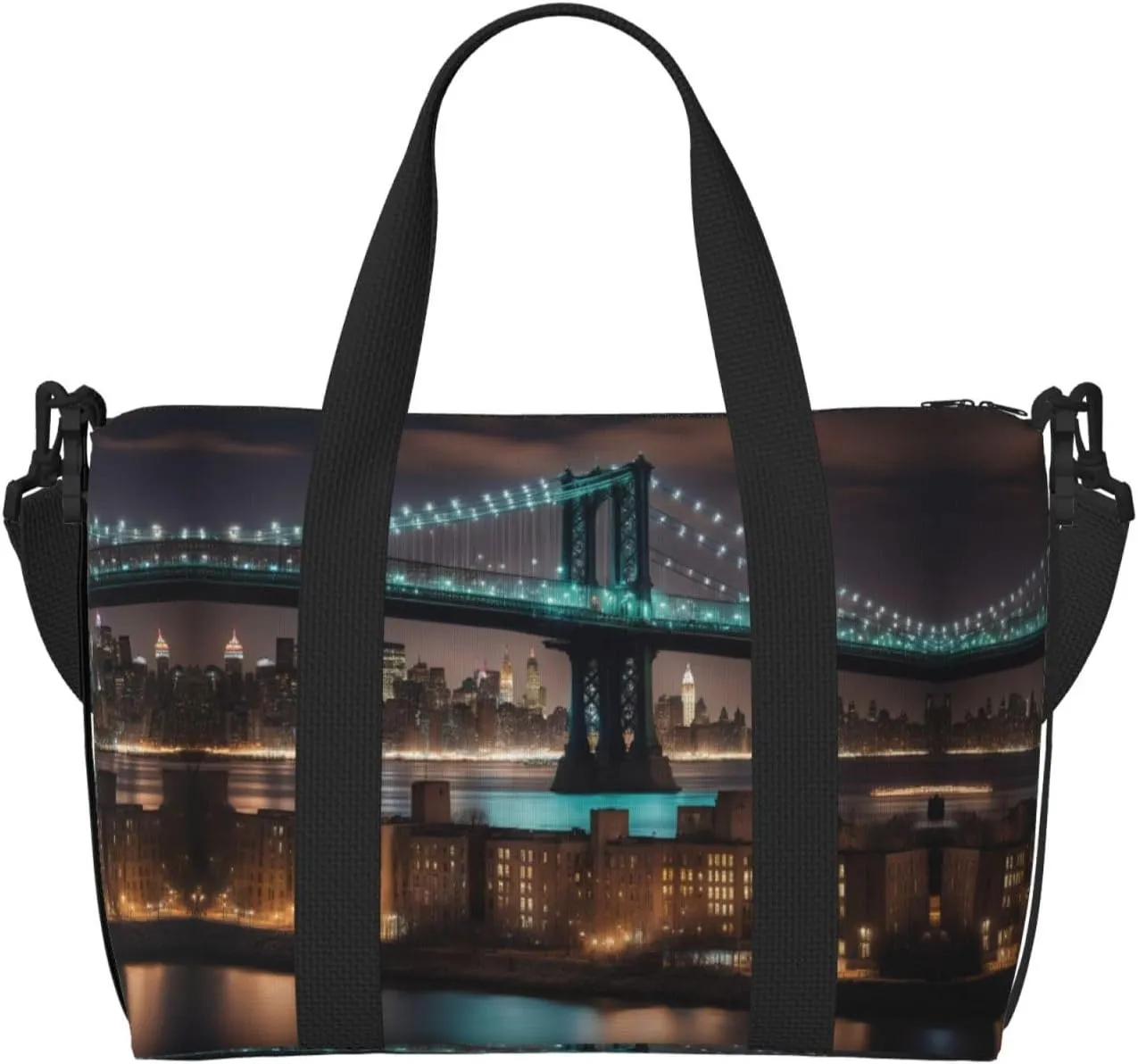 SSIMOO New York Manhattan Bridge Night Print Portable Travel Duffel Bag,Ideal For Business And Private Travel, Black