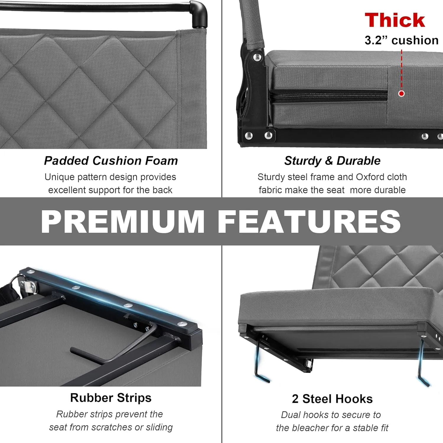 Stadium Seats with Back Support Cushion, Folding Stadium Seats for Bleachers Hold up 400lbs, Wide Bleacher Seat with Shoulder Strap & Handle Comfort for Sports Events (Gray, 1pcs)