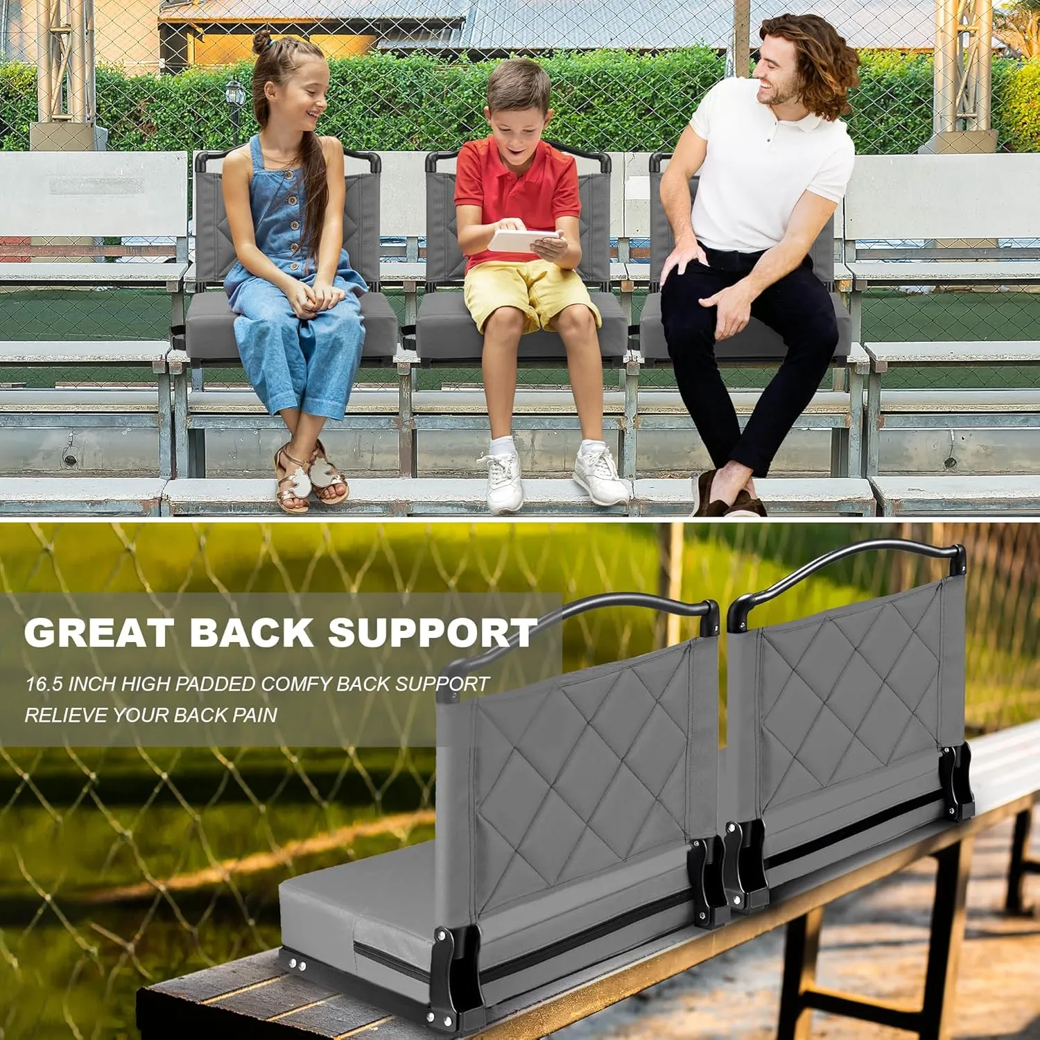 Stadium Seats with Back Support Cushion, Folding Stadium Seats for Bleachers Hold up 400lbs, Wide Bleacher Seat with Shoulder Strap & Handle Comfort for Sports Events (Gray, 1pcs)