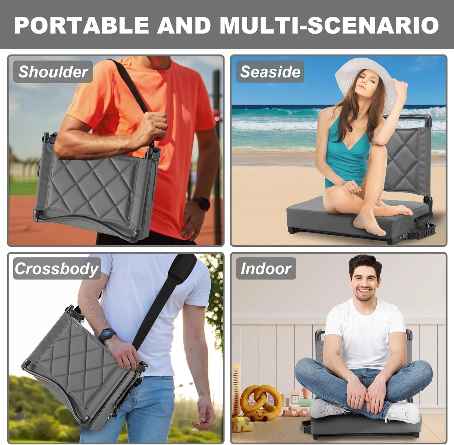 Stadium Seats with Back Support Cushion, Folding Stadium Seats for Bleachers Hold up 400lbs, Wide Bleacher Seat with Shoulder Strap & Handle Comfort for Sports Events (Gray, 1pcs)