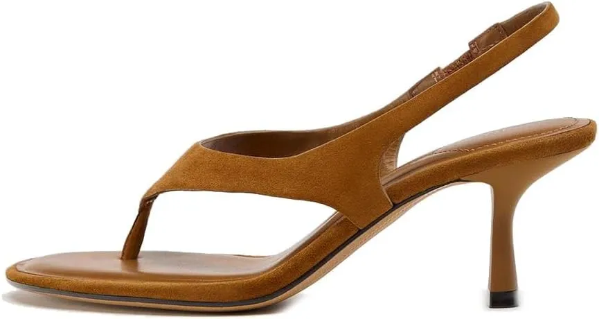 Suede Stiletto Heel Thong Sandals for Women Open Toe Slingback Kitten Heels with Ankle Strap Summer Fashion Flip Flops Heels