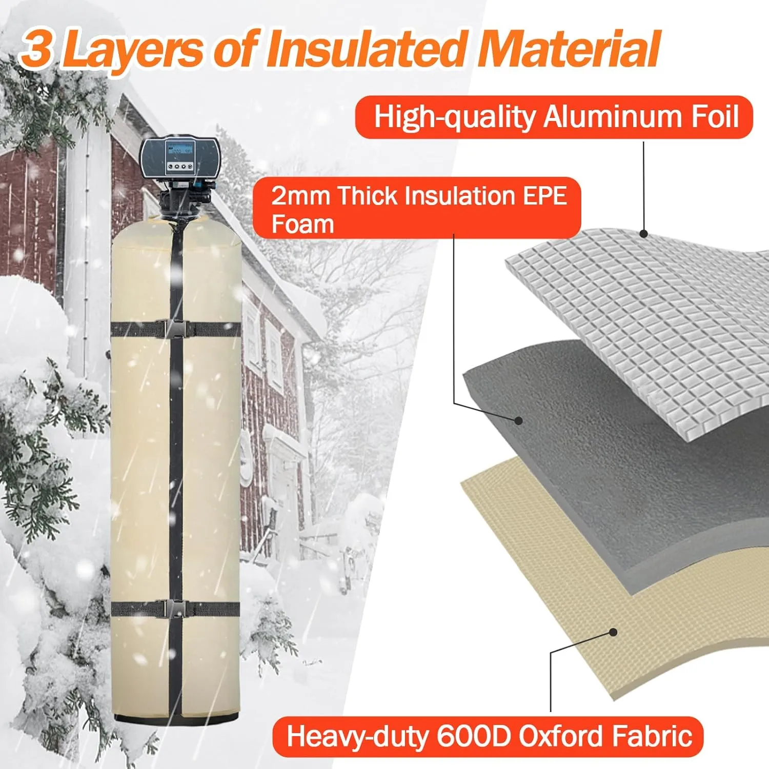 SUNICO Water Softener Cover, 3 Layers Insulated, 11.5''D x 52''H, Beige, Waterproof, UV Resistant