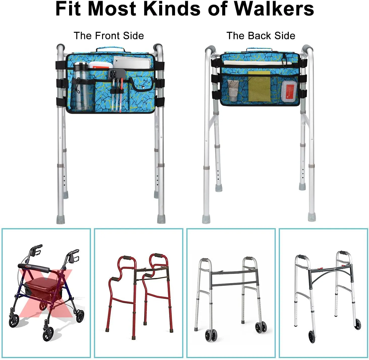 supregear Walker Bag for Seniors Folding Walker Accessories Bag (Double Sided), Walker Basket Caddy Large Capacity Waterproof Tote with 9 Pockets and Cup Holder