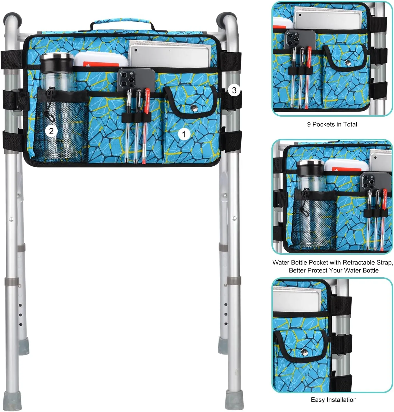 supregear Walker Bag for Seniors Folding Walker Accessories Bag (Double Sided), Walker Basket Caddy Large Capacity Waterproof Tote with 9 Pockets and Cup Holder