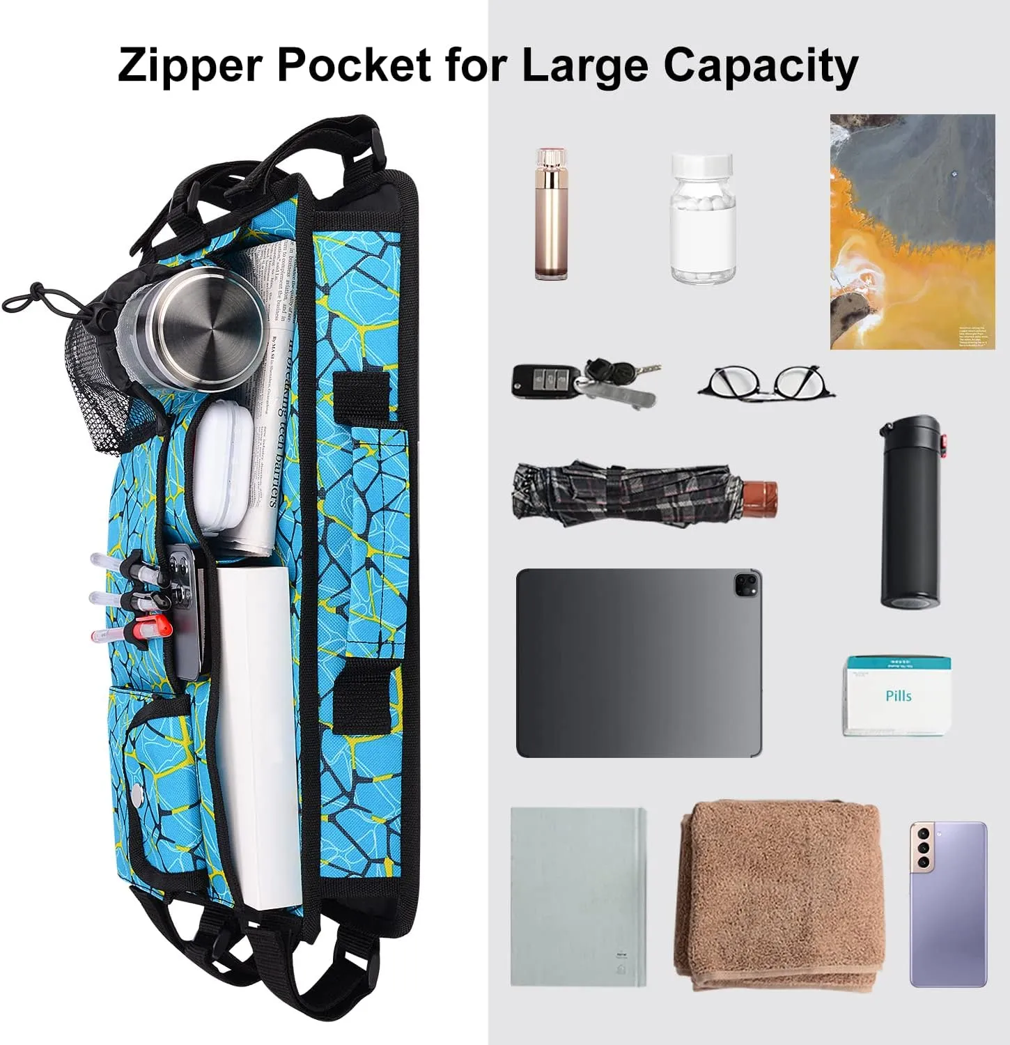 supregear Walker Bag for Seniors Folding Walker Accessories Bag (Double Sided), Walker Basket Caddy Large Capacity Waterproof Tote with 9 Pockets and Cup Holder