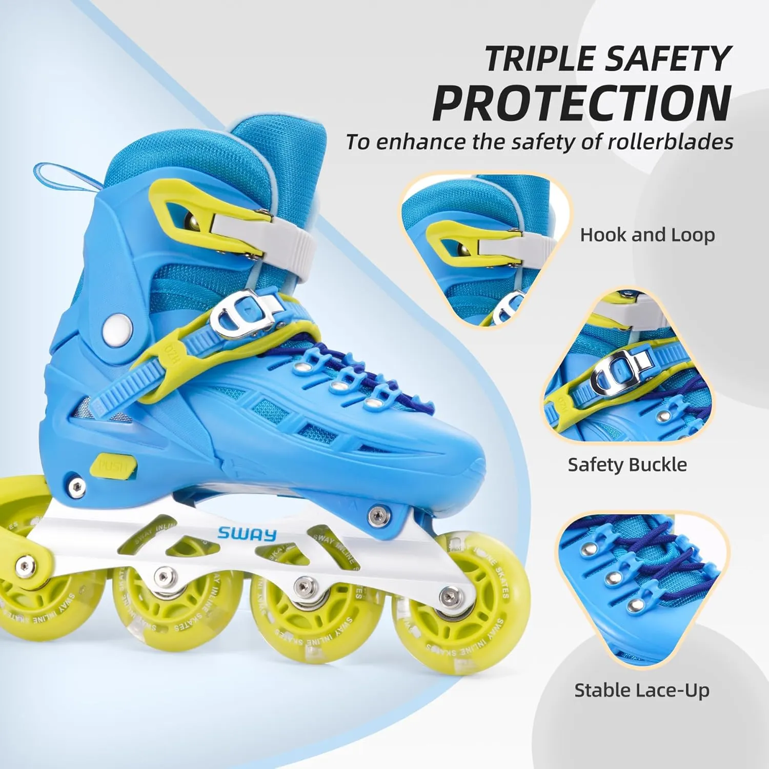 SWAY Inline Skates 4 Size Adjustable for Girls and Boys, All Wheels Light Up, Outdoor Inline Skates for Kids and Youths Age 4-16, Lightweight & Comfortable for Beginners