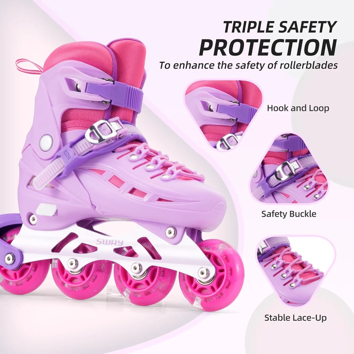 SWAY Inline Skates 4 Size Adjustable for Girls and Boys, All Wheels Light Up, Outdoor Inline Skates for Kids and Youths Age 4-16, Lightweight & Comfortable for Beginners