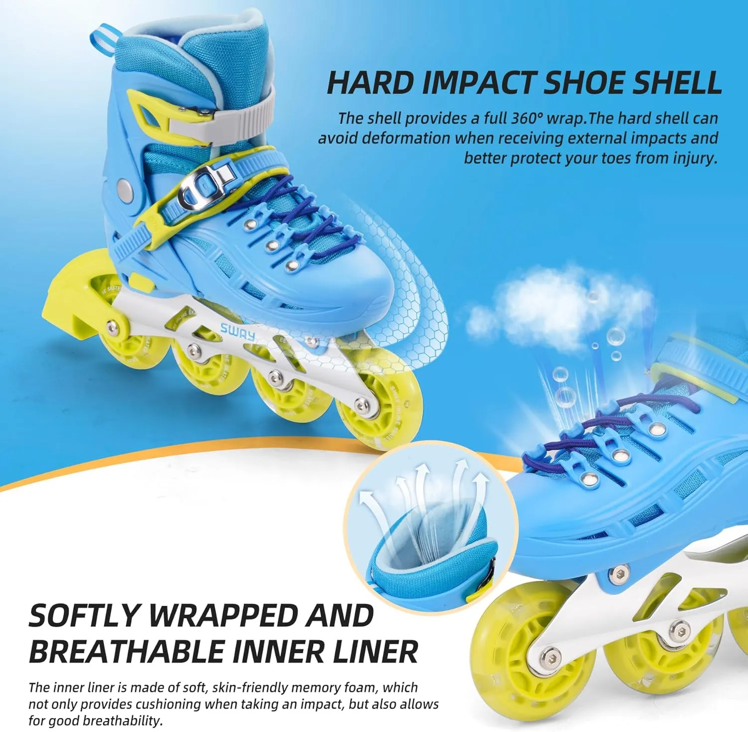 SWAY Inline Skates 4 Size Adjustable for Girls and Boys, All Wheels Light Up, Outdoor Inline Skates for Kids and Youths Age 4-16, Lightweight & Comfortable for Beginners