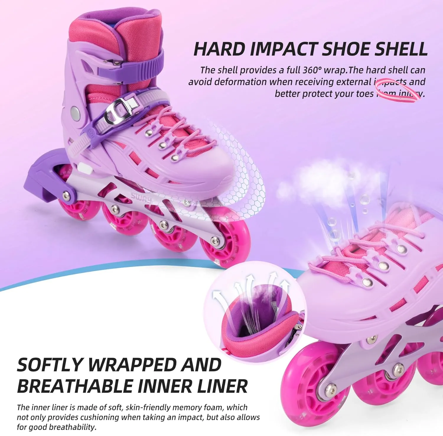 SWAY Inline Skates 4 Size Adjustable for Girls and Boys, All Wheels Light Up, Outdoor Inline Skates for Kids and Youths Age 4-16, Lightweight & Comfortable for Beginners