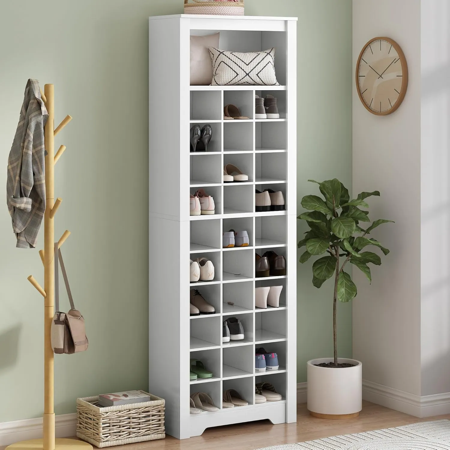 Tall Shoe Cabinet, 11-Tier Entryway Shoe Storage Cabinet, with 30 Cubbies Holds Up to 30 Pairs of Shoes, Wooden Shoe Organizer for Entryway, Hallway, Closet, White