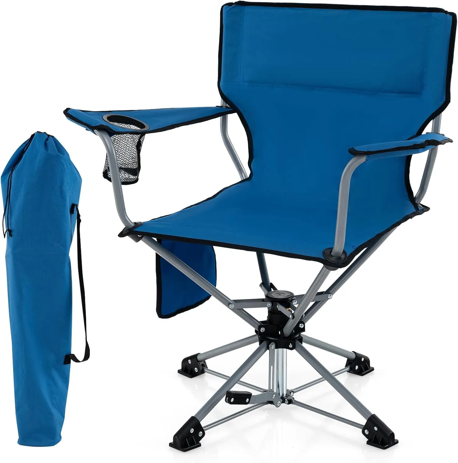 Tangkula Swivel Camping Chair, Portable Lawn Chair with Cup Holder, Storage Pocket, Carrying Bag, Lightweight Outdoor Folding Chair for Outside, Camp, Fishing, Hiking, Beach, No Assembly Needed