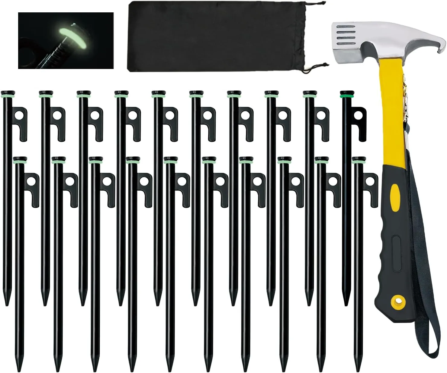 Tent Stakes with Hammer, 20 Pack 10in Heavy Duty Tent Stakes, Storage Pouch, Forged Steel Stakes for Rocky Place, Dessert, Snowfield(20 Pack Stakes with Hammer)