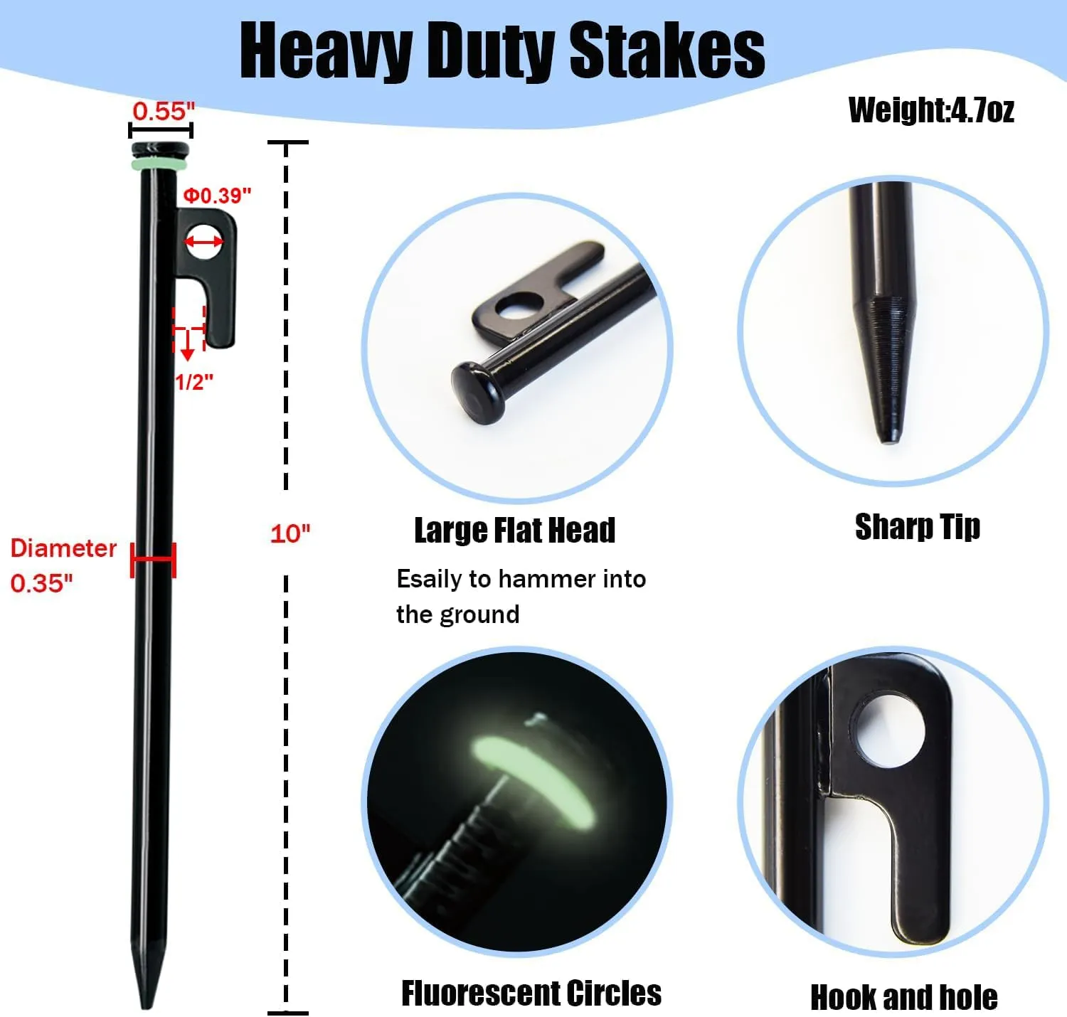 Tent Stakes with Hammer, 20 Pack 10in Heavy Duty Tent Stakes, Storage Pouch, Forged Steel Stakes for Rocky Place, Dessert, Snowfield(20 Pack Stakes with Hammer)