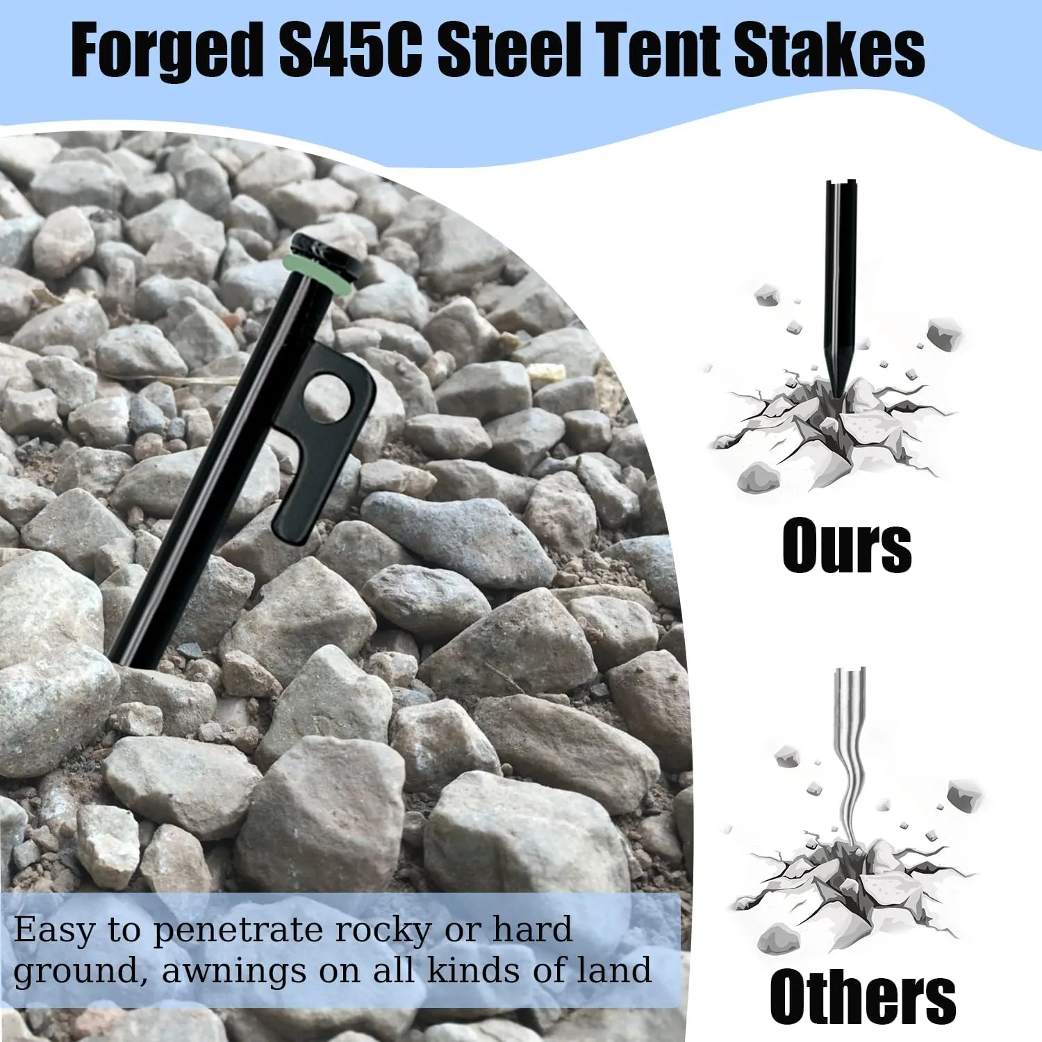 Tent Stakes with Hammer, 20 Pack 10in Heavy Duty Tent Stakes, Storage Pouch, Forged Steel Stakes for Rocky Place, Dessert, Snowfield(20 Pack Stakes with Hammer)