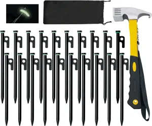 Tent Stakes with Hammer, 20 Pack 10in Heavy Duty Tent Stakes, Storage Pouch, Forged Steel Stakes for Rocky Place, Dessert, Snowfield(20 Pack Stakes with Hammer)