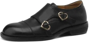 TinaCus Women's Genuine Leather Round Toe Heart Monk Strap Chunky Heel Handmade Loafers Shoes