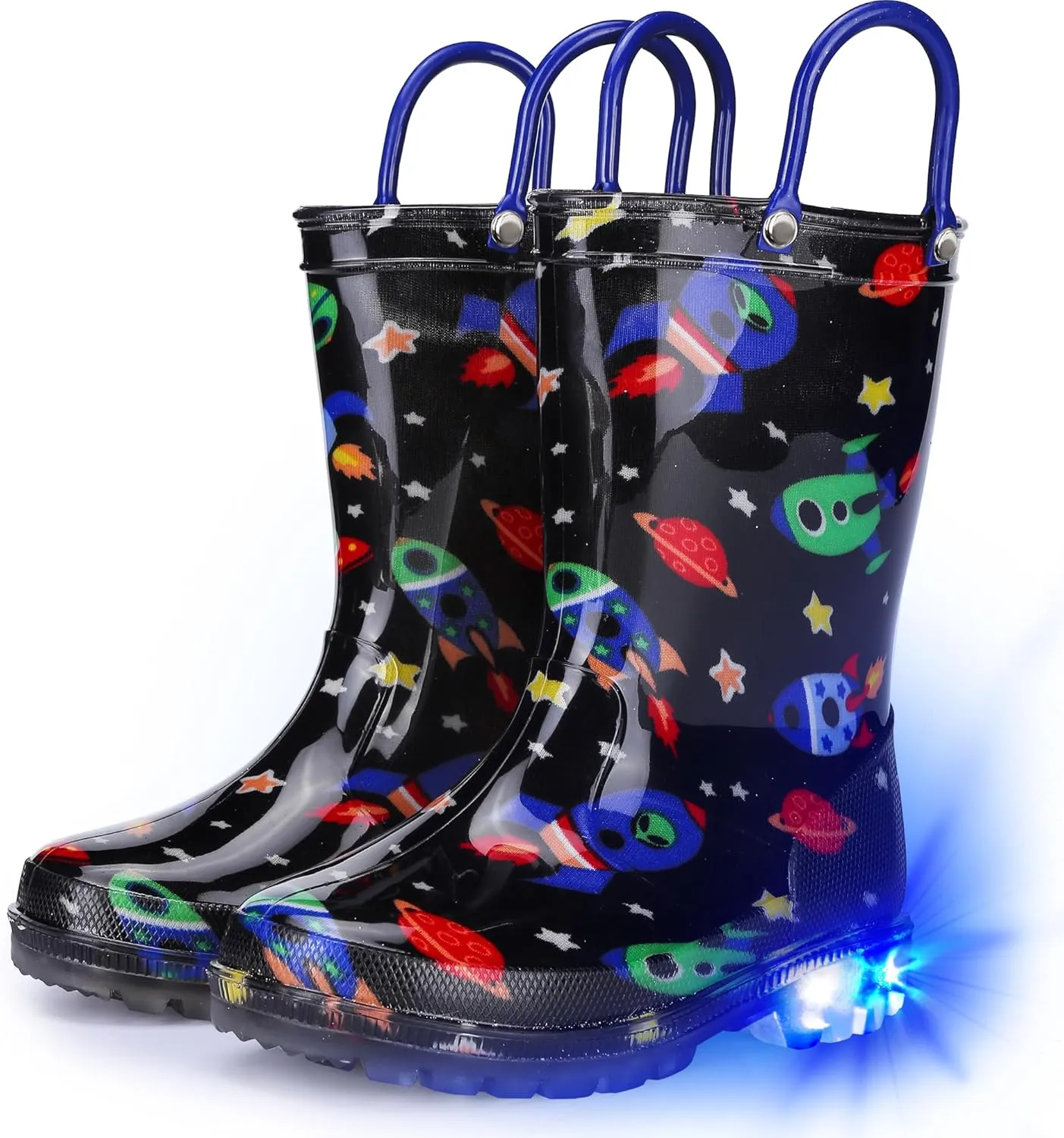 Toddler Rain Boots Boys Rain Boots - Patterns Light Up Kids Rain Boots with Easy-On Handles Lightwight Waterproof Rain Shoes (Toddler/Little/Big kids)
