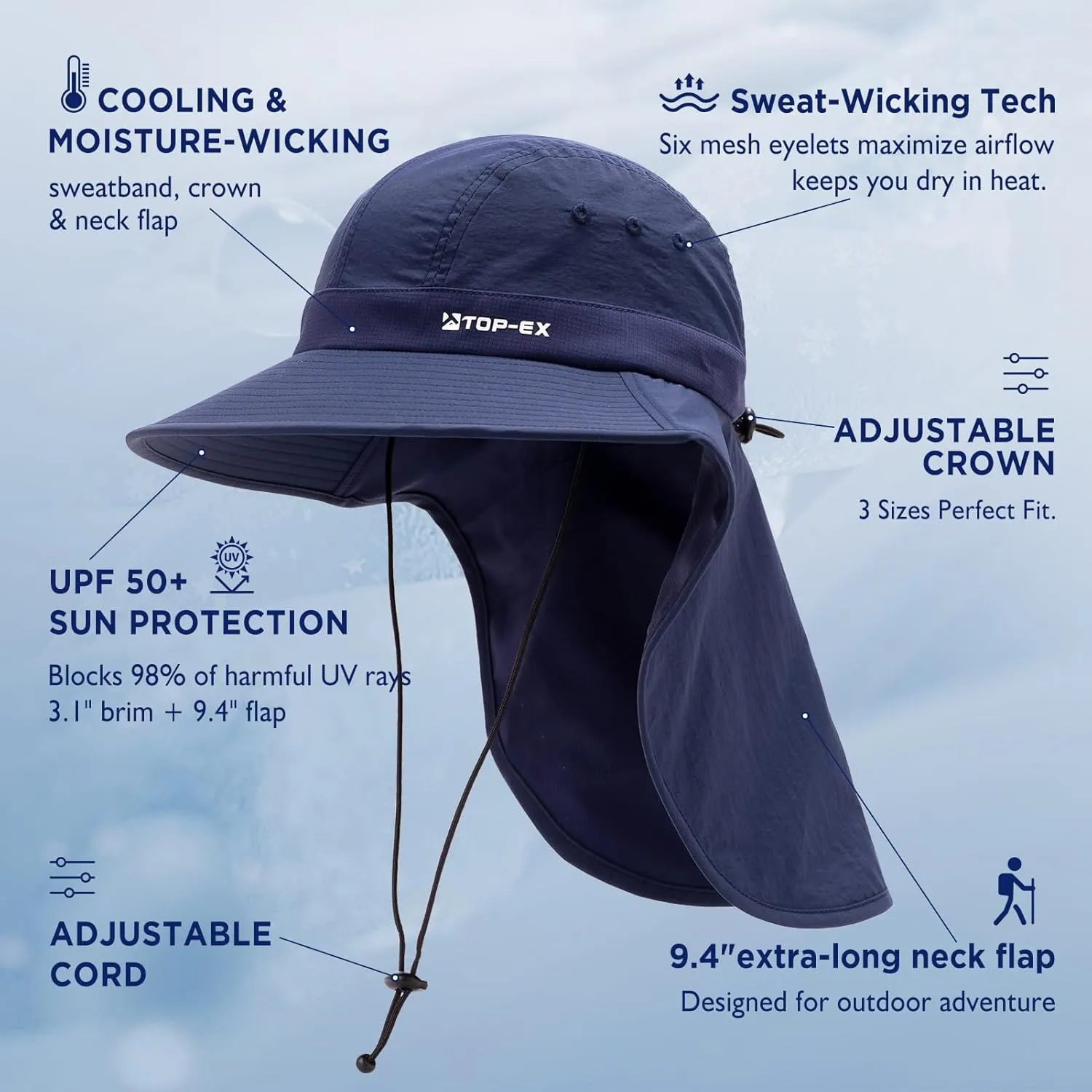 TOP-EX Cooling Sun Hat with Neck Flap – UPF 50  Wide Brim Breathable Hat for Hiking, Fishing & Big Heads