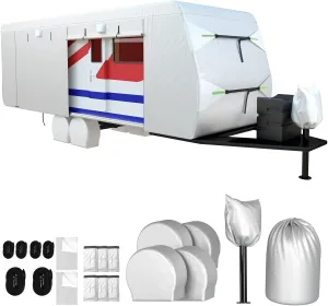 Travel Trailer RV Cover, 18-20 FT Camper Cover 300D Oxford Cloth Tear-Resistant Anti-UV Camper Cover with Tongue Jack Cover, 4 Tire Covers, 6 Gutter Covers and Repair Pudding, 2 Years Warranty