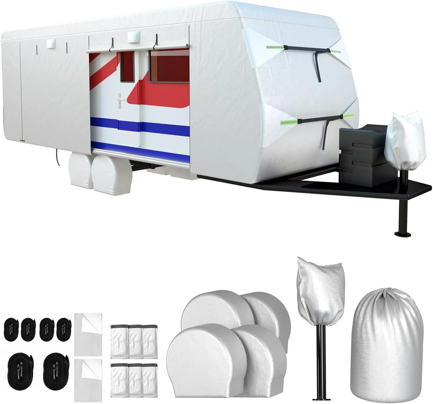 Travel Trailer RV Cover, 18-20 FT Camper Cover 300D Oxford Cloth Tear-Resistant Anti-UV Camper Cover with Tongue Jack Cover, 4 Tire Covers, 6 Gutter Covers and Repair Pudding, 2 Years Warranty