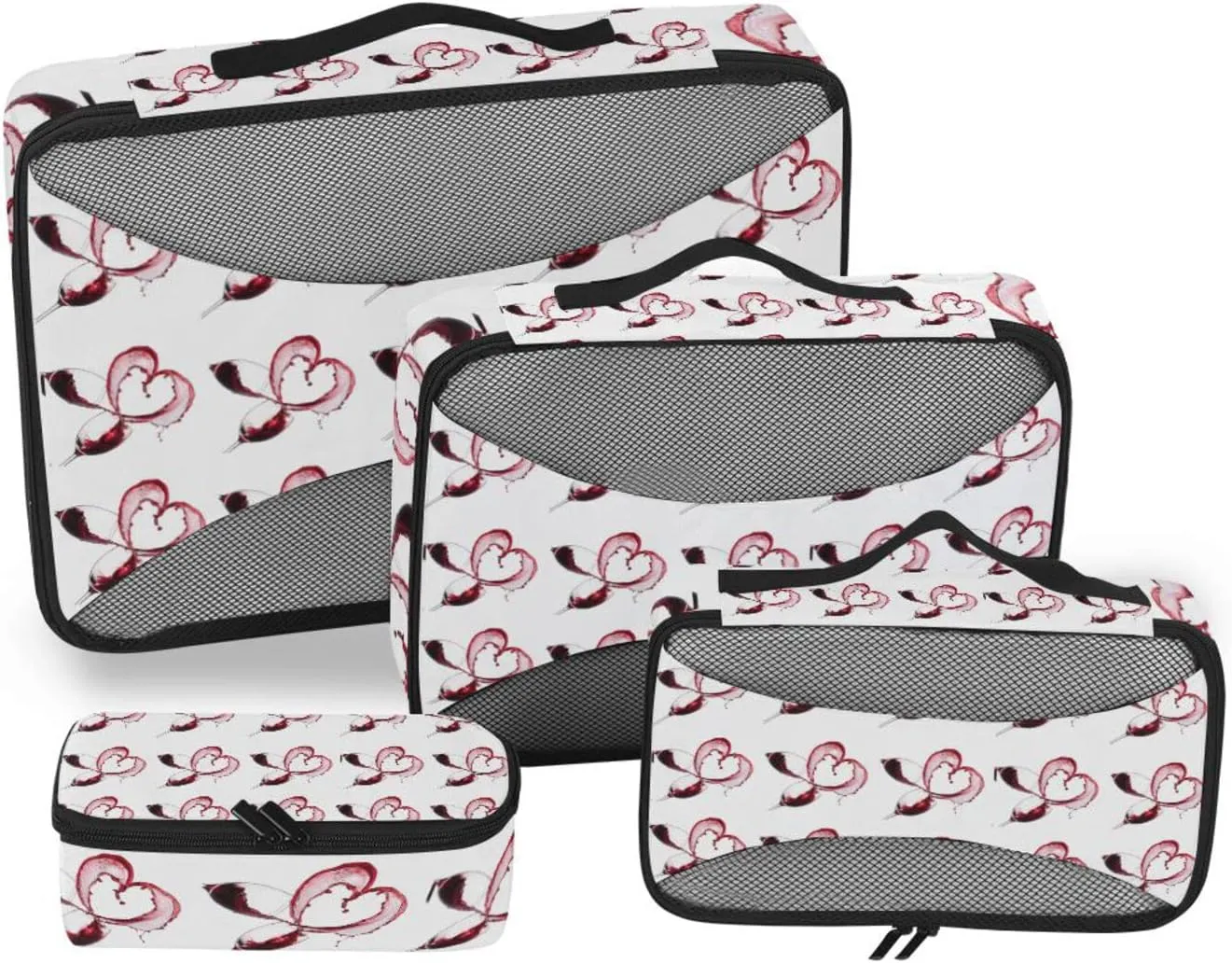 Two Red Wine Glasses with Heart over White Background 4 PCs Set Packing Bags, Luggage Organizer Bag, Portable Cube Toiletry bag, Durable Travel Cosmetic Storage Bag for Men Women