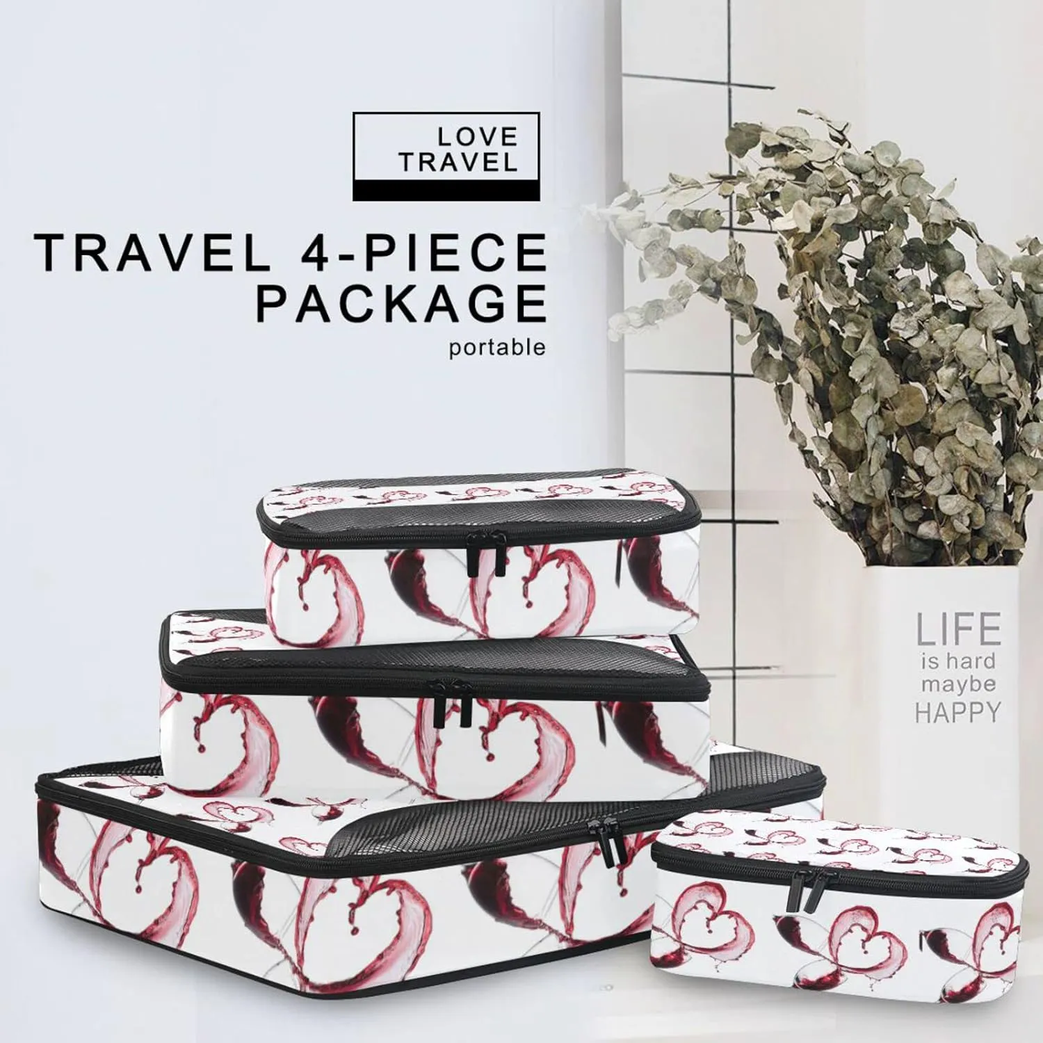 Two Red Wine Glasses with Heart over White Background 4 PCs Set Packing Bags, Luggage Organizer Bag, Portable Cube Toiletry bag, Durable Travel Cosmetic Storage Bag for Men Women