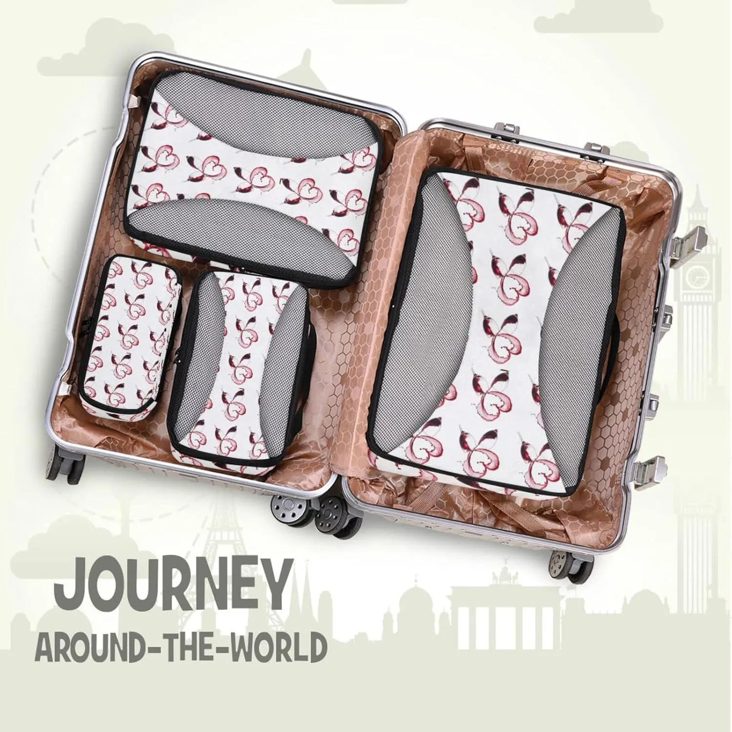 Two Red Wine Glasses with Heart over White Background 4 PCs Set Packing Bags, Luggage Organizer Bag, Portable Cube Toiletry bag, Durable Travel Cosmetic Storage Bag for Men Women
