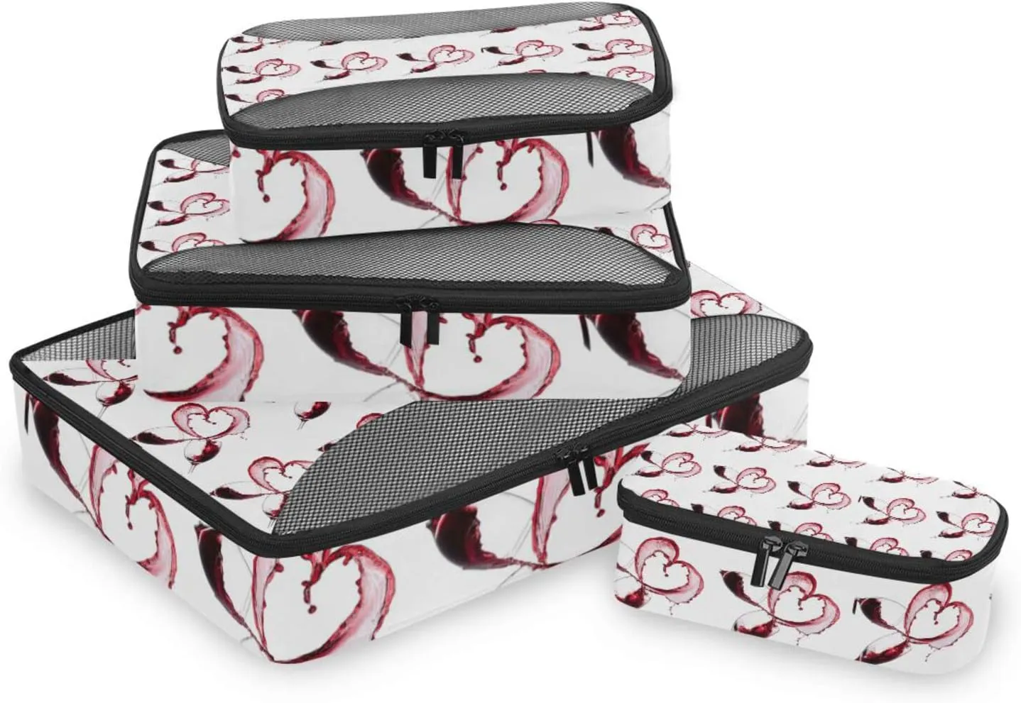 Two Red Wine Glasses with Heart over White Background 4 PCs Set Packing Bags, Luggage Organizer Bag, Portable Cube Toiletry bag, Durable Travel Cosmetic Storage Bag for Men Women
