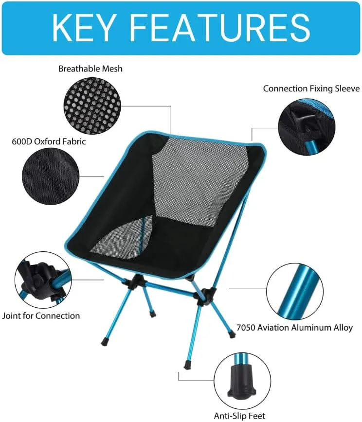 Ultralight Backpacking Chair - Compact & Durable for Camping, Hiking & Travel - Blue, Aluminum Alloy & ABS, Anti-Slip Feet, Easy Setup Anywhere