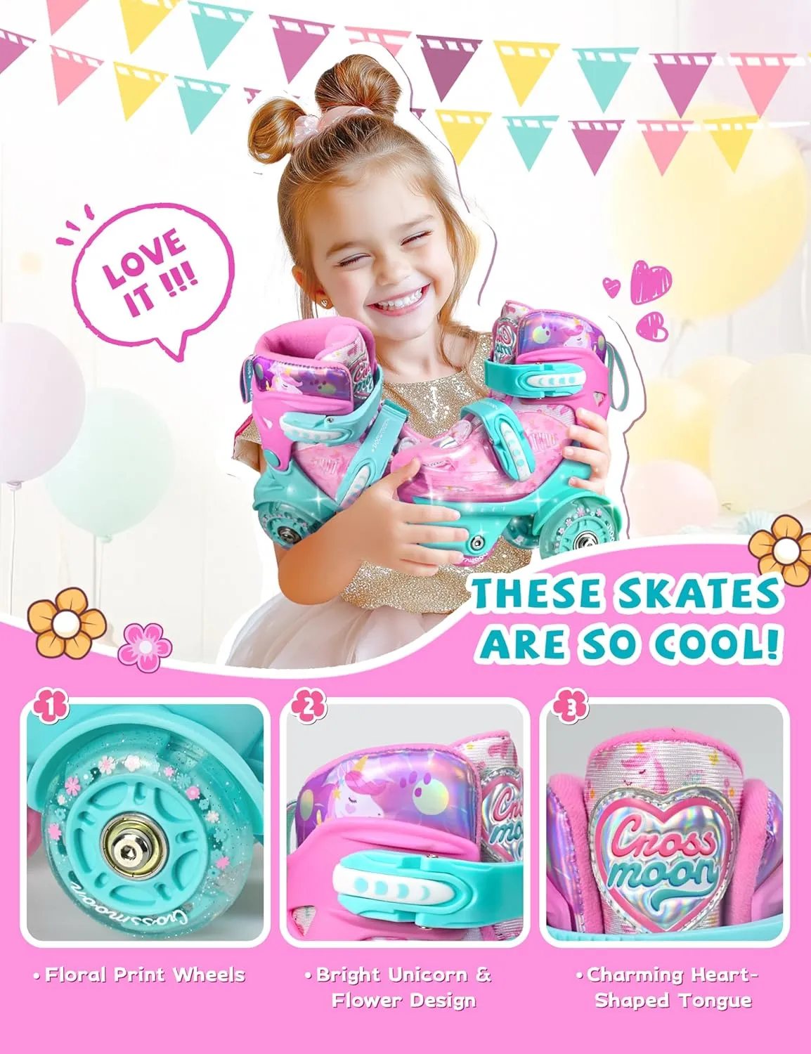 Unicorn Toddler Roller Skates, Kids Training Safety Tripple Protection Roller Skates with 4 Adjustable Sizes, Fun Light-Up Wheels, Little Girls' Fancy Gift