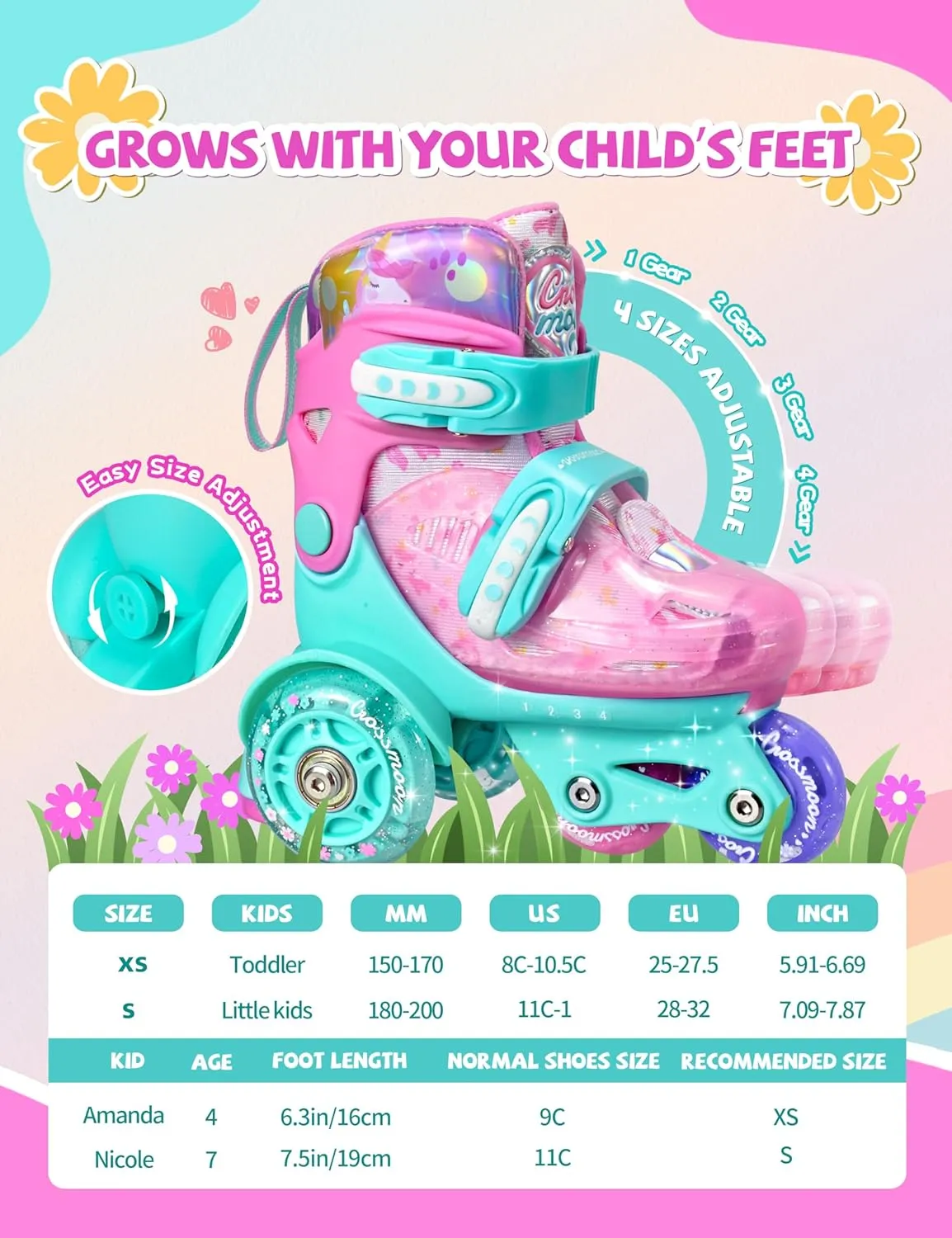 Unicorn Toddler Roller Skates, Kids Training Safety Tripple Protection Roller Skates with 4 Adjustable Sizes, Fun Light-Up Wheels, Little Girls' Fancy Gift
