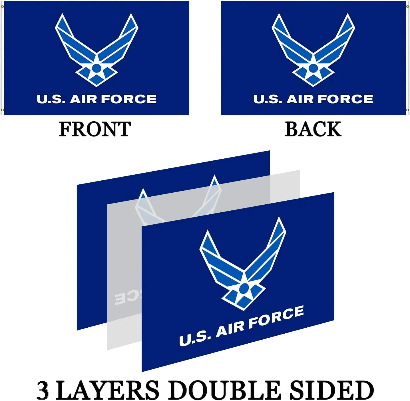 US Air Force Flag Wing 3x5 Double Sided- 3Ply 240D 4 Rows Stitched- 3x5 US Airforce Flag - UV Fade Resistant With Canvas Header & 2 Brass Grommets