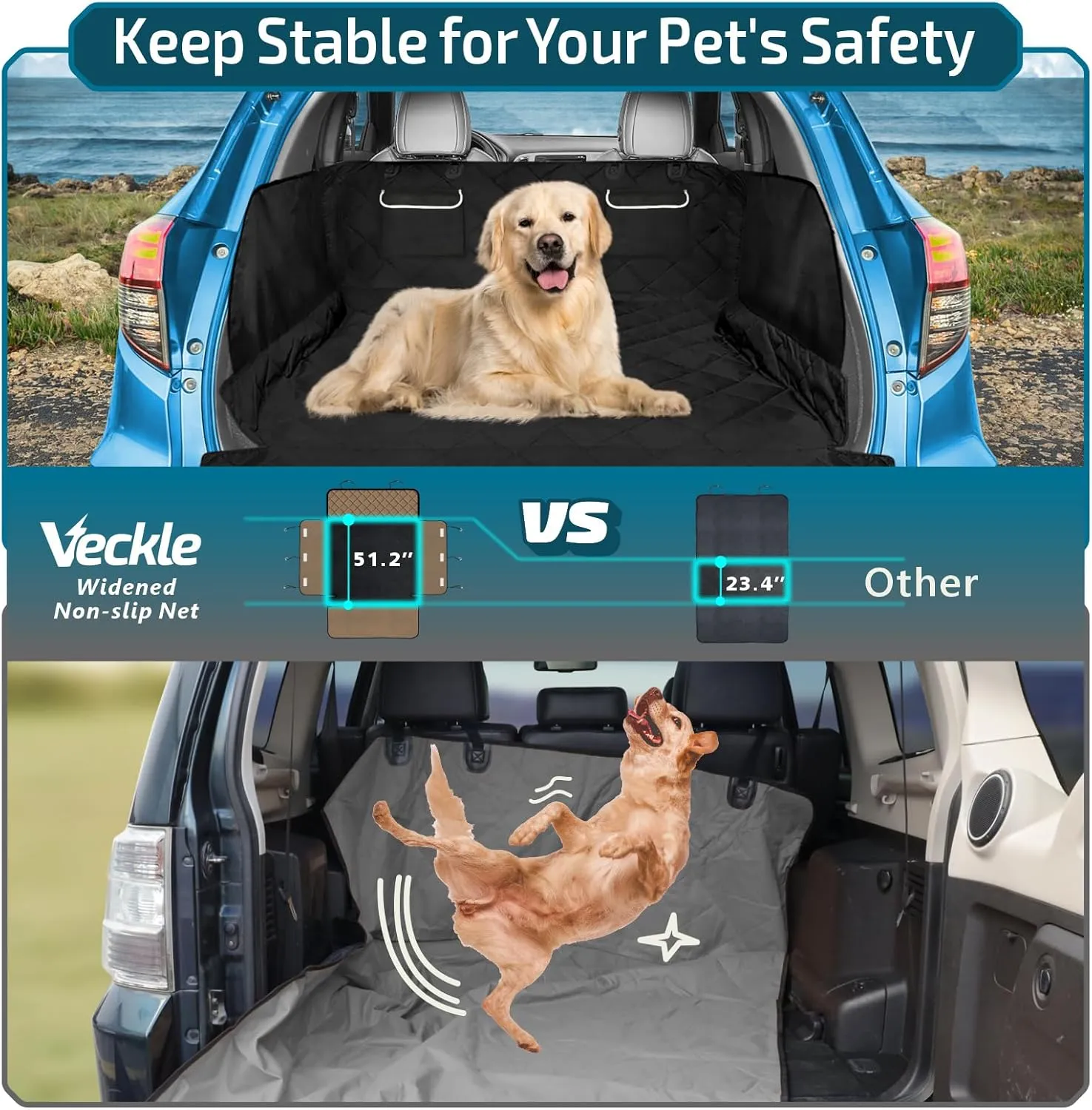 Veckle SUV Cargo Liner for Dogs, Water Resistant Dog Trunk Cover with Side Flap Protector 2 Large Pockets Pet Seat Cover for SUV Sedans Vans with Bumper Flap, Non-Slip, Large Universal Fit, Black