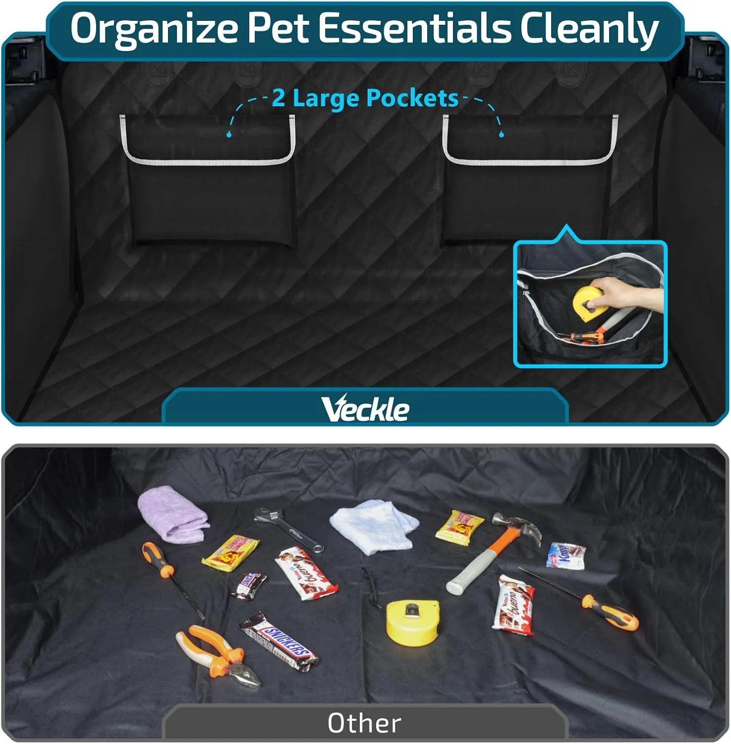 Veckle SUV Cargo Liner for Dogs, Water Resistant Dog Trunk Cover with Side Flap Protector 2 Large Pockets Pet Seat Cover for SUV Sedans Vans with Bumper Flap, Non-Slip, Large Universal Fit, Black
