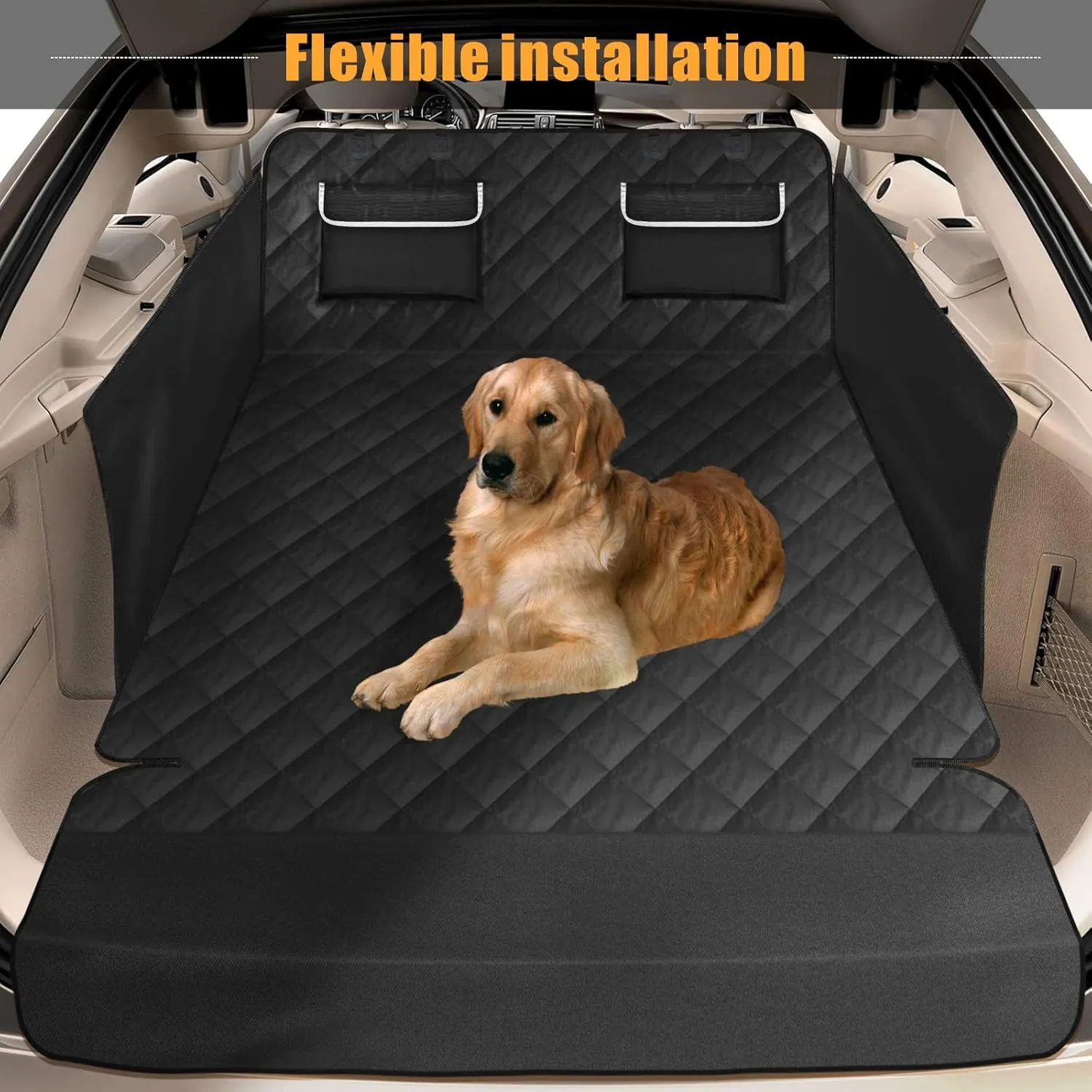 Veckle SUV Cargo Liner for Dogs, Water Resistant Dog Trunk Cover with Side Flap Protector 2 Large Pockets Pet Seat Cover for SUV Sedans Vans with Bumper Flap, Non-Slip, Large Universal Fit, Black