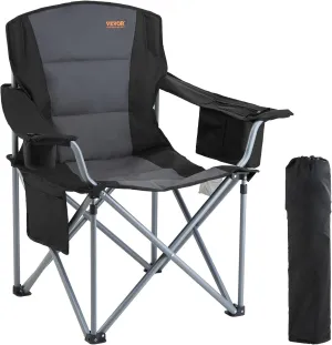 VEVOR Camping Folding Chair, Portable Heavy Duty Outdoor Quad Lumbar Back Padded with Side Pockets, Cup Holder and Cooler Bag for Beach, Lawn, Picnic, Fishing, Backpacking, Black
