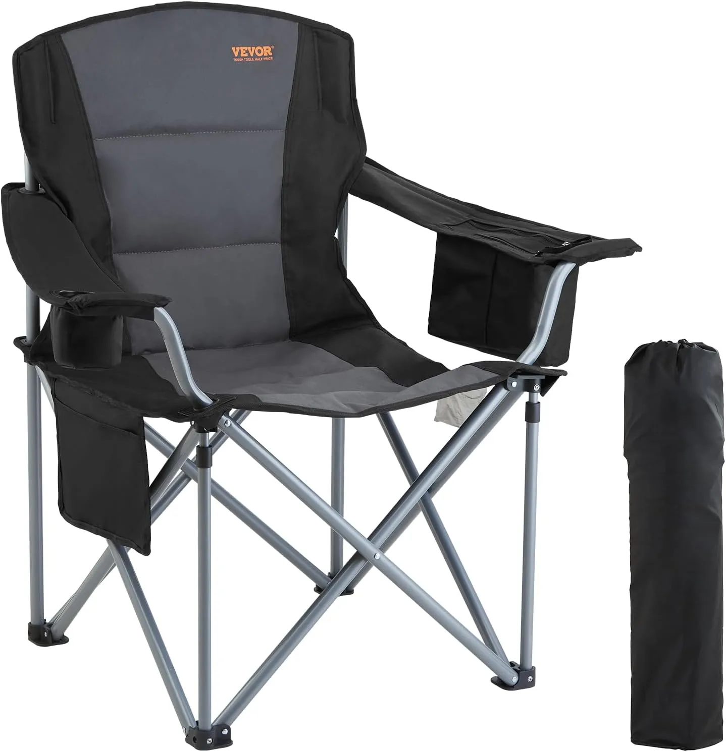 VEVOR Camping Folding Chair, Portable Heavy Duty Outdoor Quad Lumbar Back Padded with Side Pockets, Cup Holder and Cooler Bag for Beach, Lawn, Picnic, Fishing, Backpacking, Black