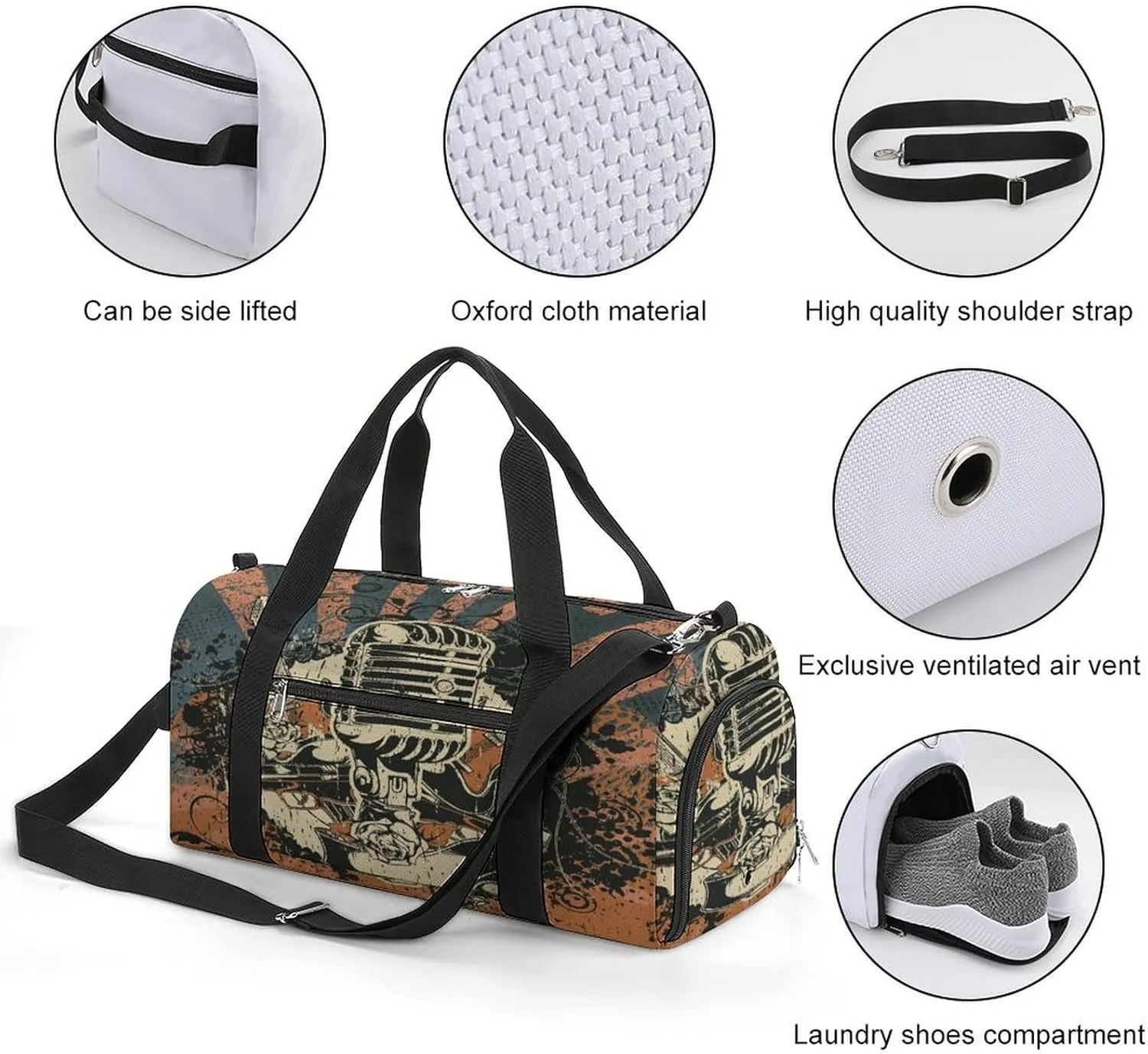 Vintage Retro Disco Mic Print Duffel Bag for Boys Girls with Waterproof Shoe Compartment
